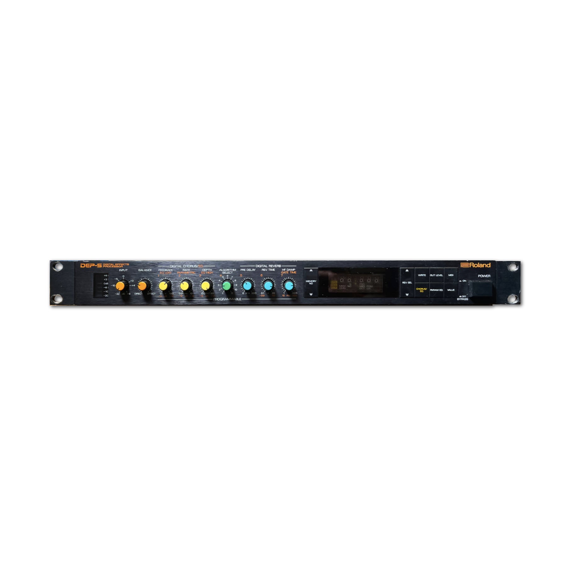 Front view of a Roland DEP-5 digital effects rack unit with multiple control knobs and display.