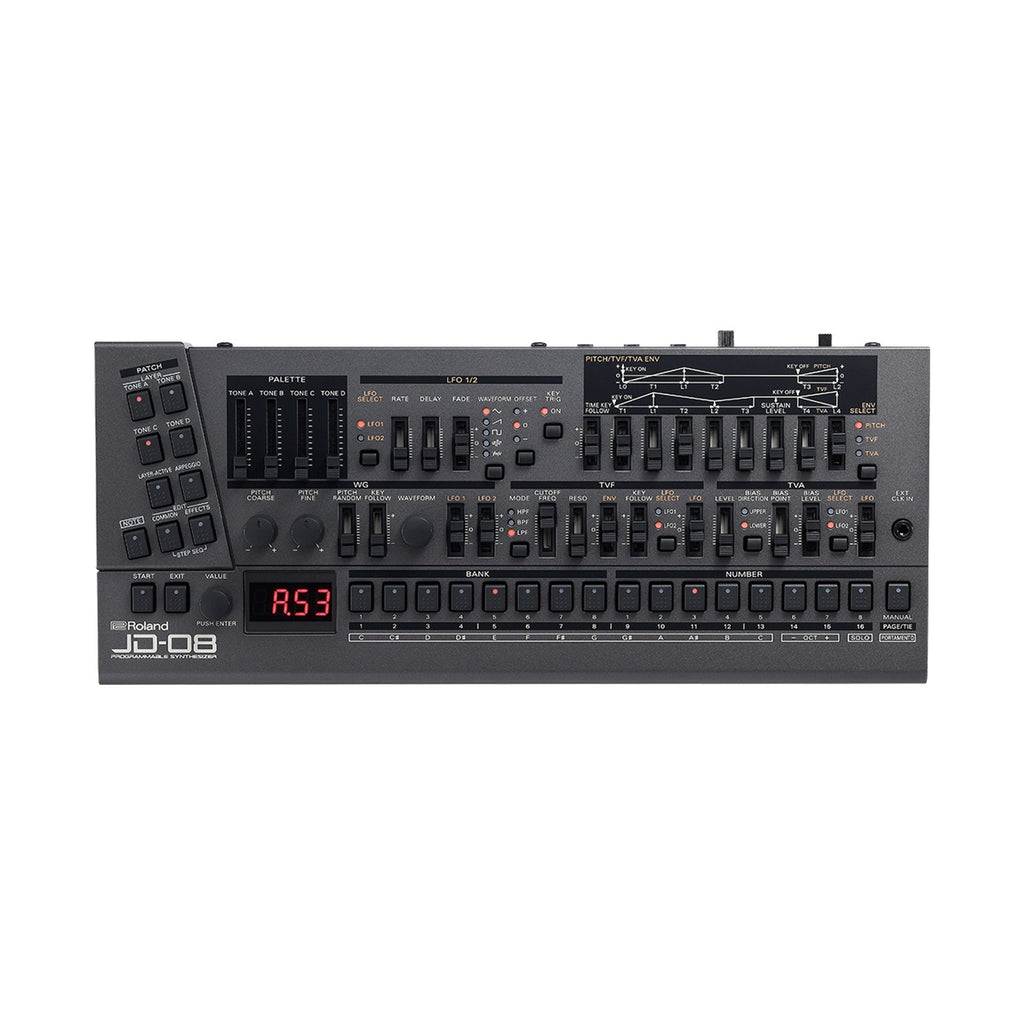 Black Roland JD-08 synthesizer with buttons, sliders, knobs, and red digital display showing A53.