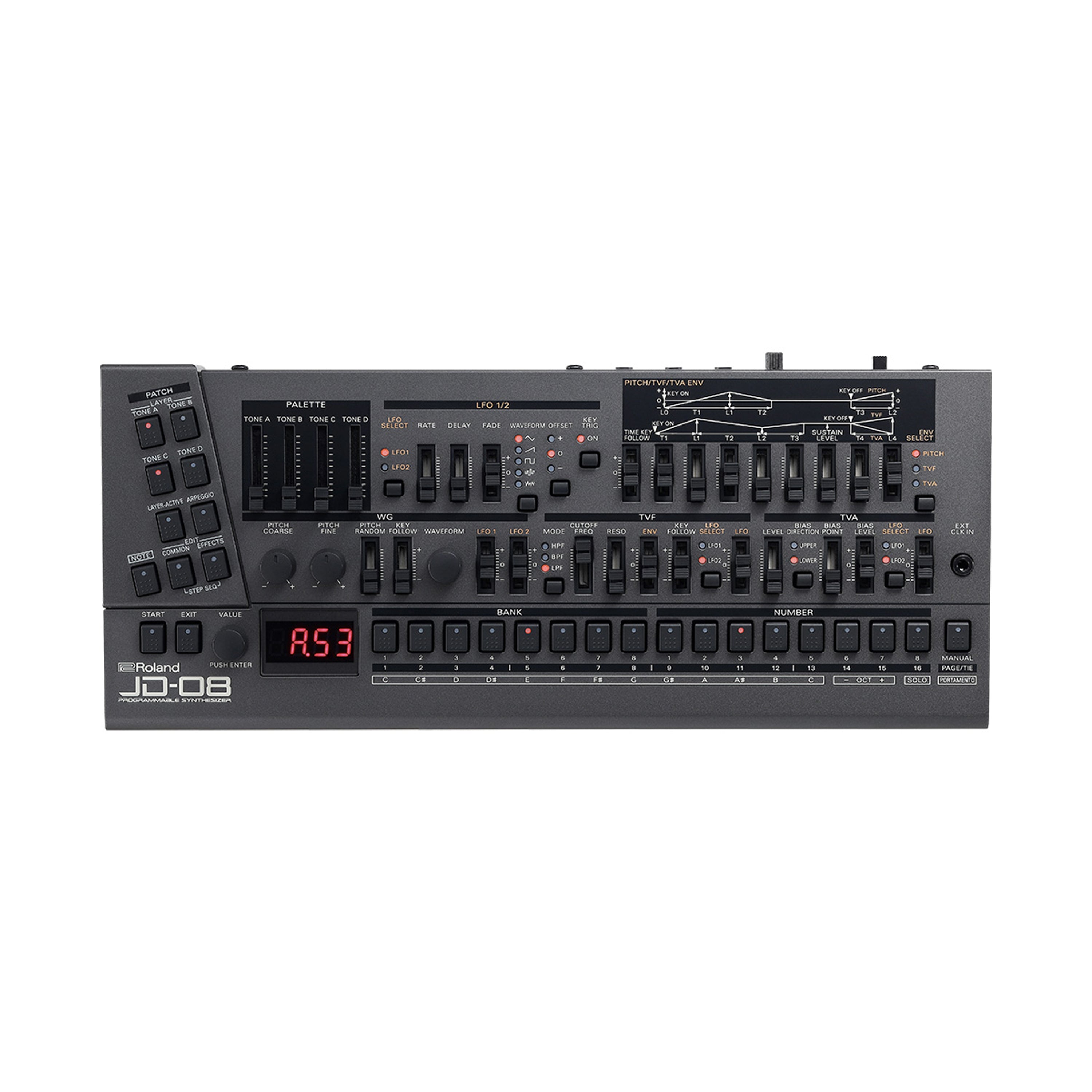 Black Roland JD-08 synthesizer with buttons, sliders, knobs, and red digital display showing A53.