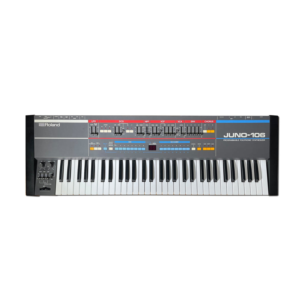 Black Roland JUNO-106 keyboard synthesizer with sliders, buttons, and a 49-key layout.