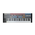 Black Roland JUNO-106 keyboard synthesizer with sliders, buttons, and a 49-key layout.