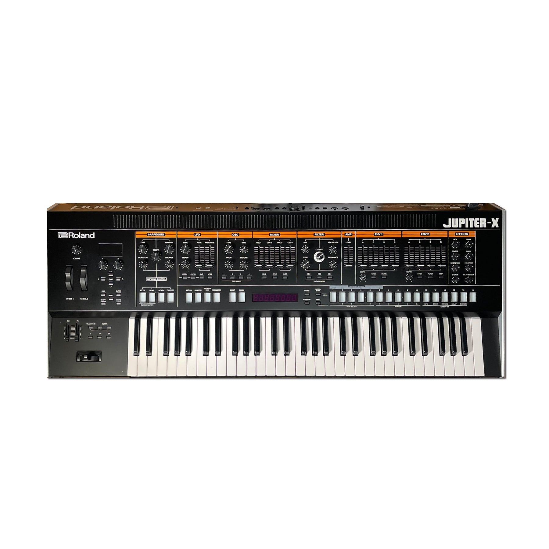 Roland Jupiter-X synthesizer with multiple control knobs, sliders, buttons, pitch/mod wheels, and a keyboard.