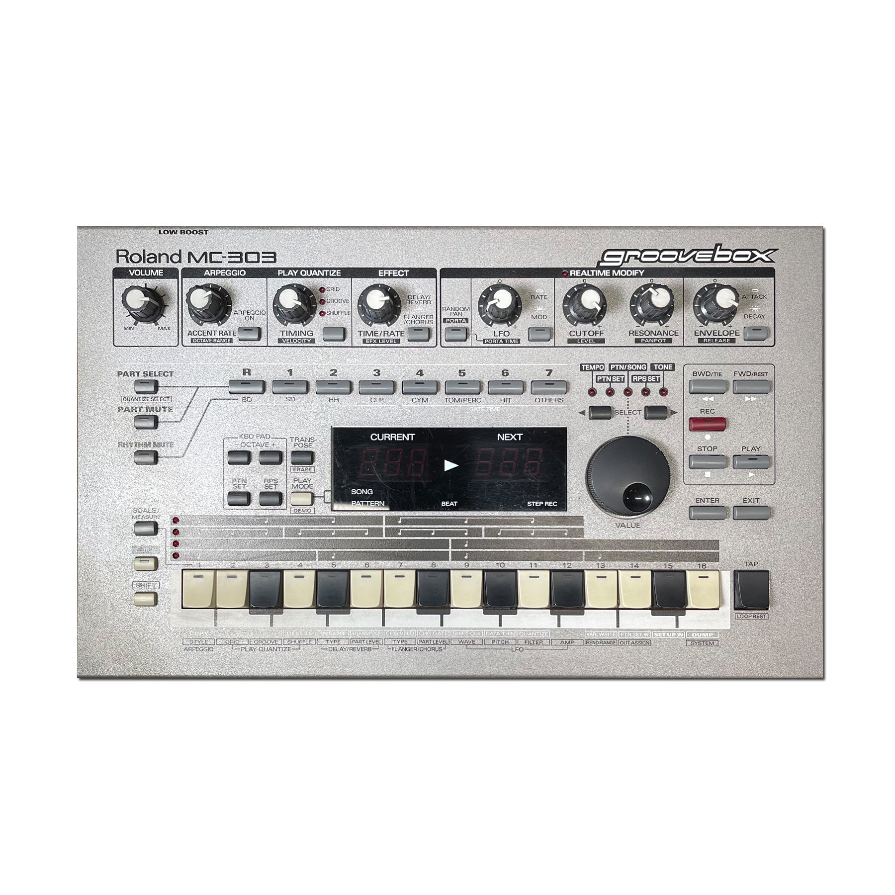 Top view of a Roland MC-303 groovebox music sequencer with various controls and a small display screen.