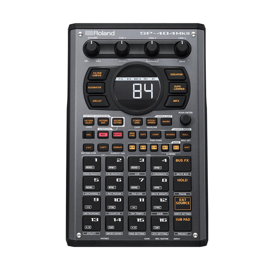 Top view of a Roland SP-404MKII music sampler with multiple buttons, knobs, and a digital display screen.