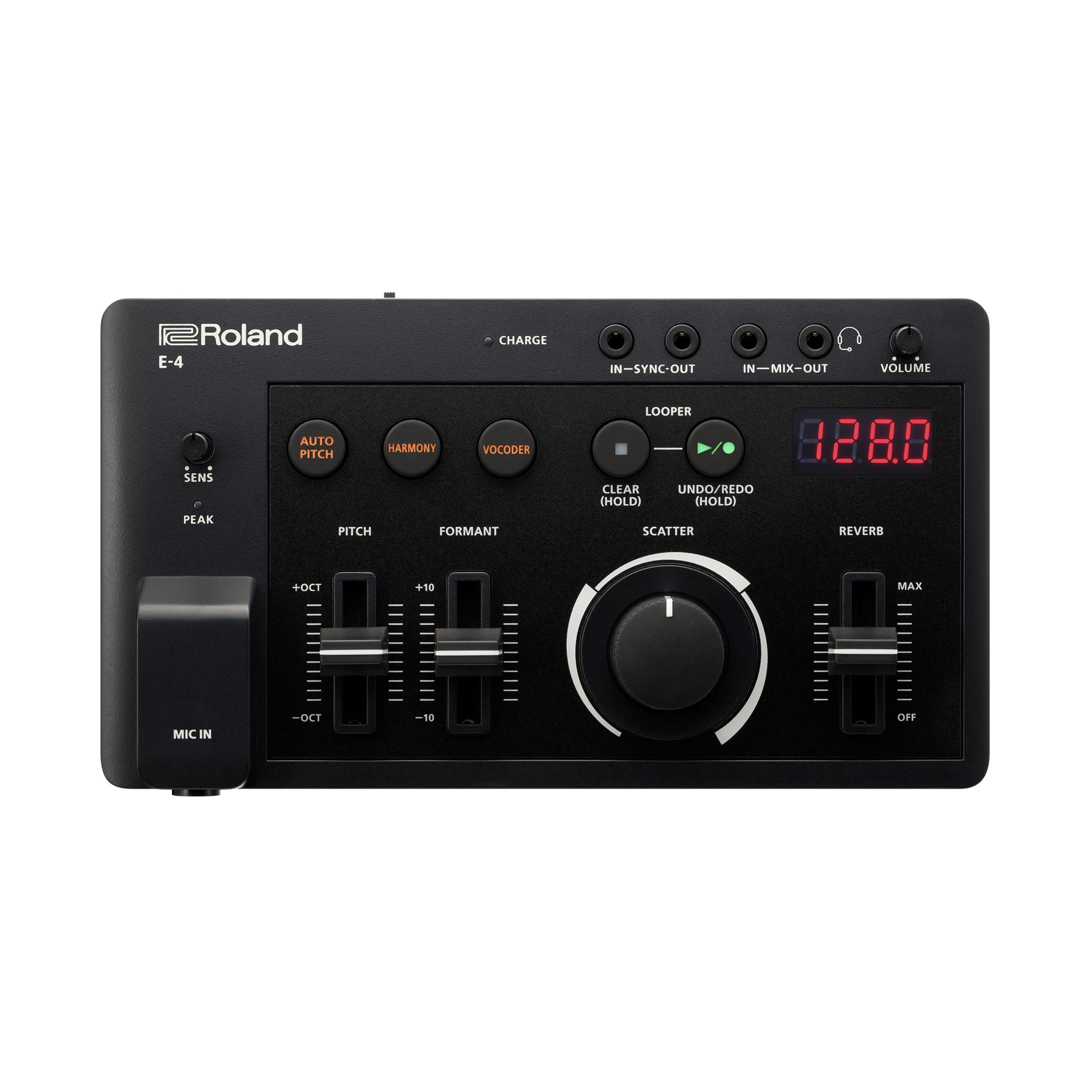 Black Roland E-4 device with sliders, buttons, knobs, headphone jack, and digital display showing 128.0