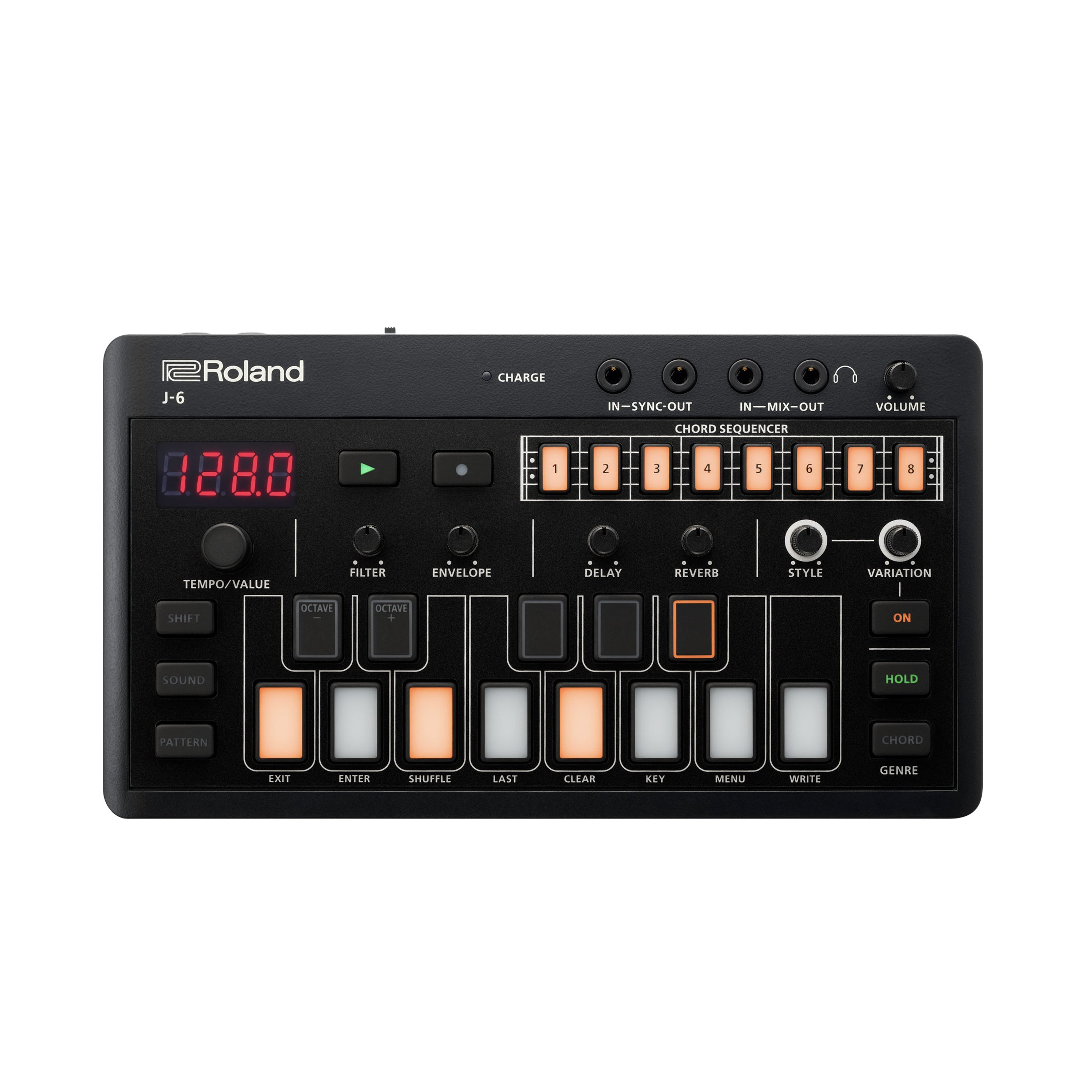 Top view of a black Roland J-6 synthesizer with buttons, knobs, and a red LED display.