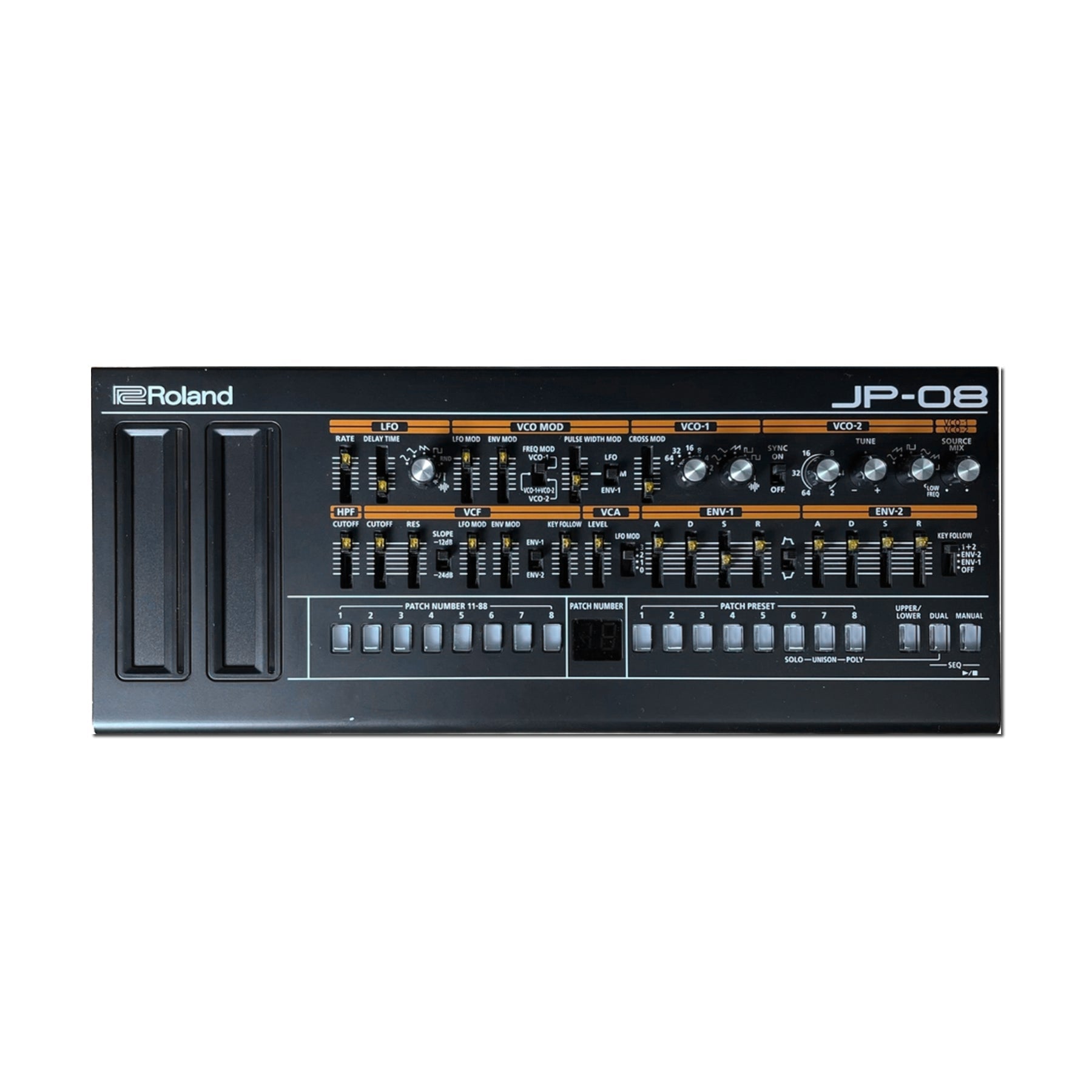 Black Roland JP-08 synthesizer module with sliders, knobs, push buttons, and programmable patch controls.