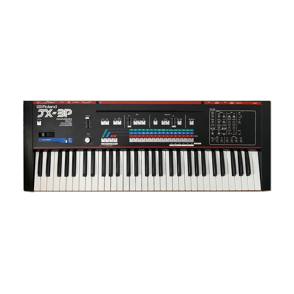 Top view of a Roland JX-3P programmable polyphonic synthesizer keyboard with various controls and buttons.