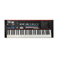 Top view of a Roland JX-3P programmable polyphonic synthesizer keyboard with various controls and buttons.