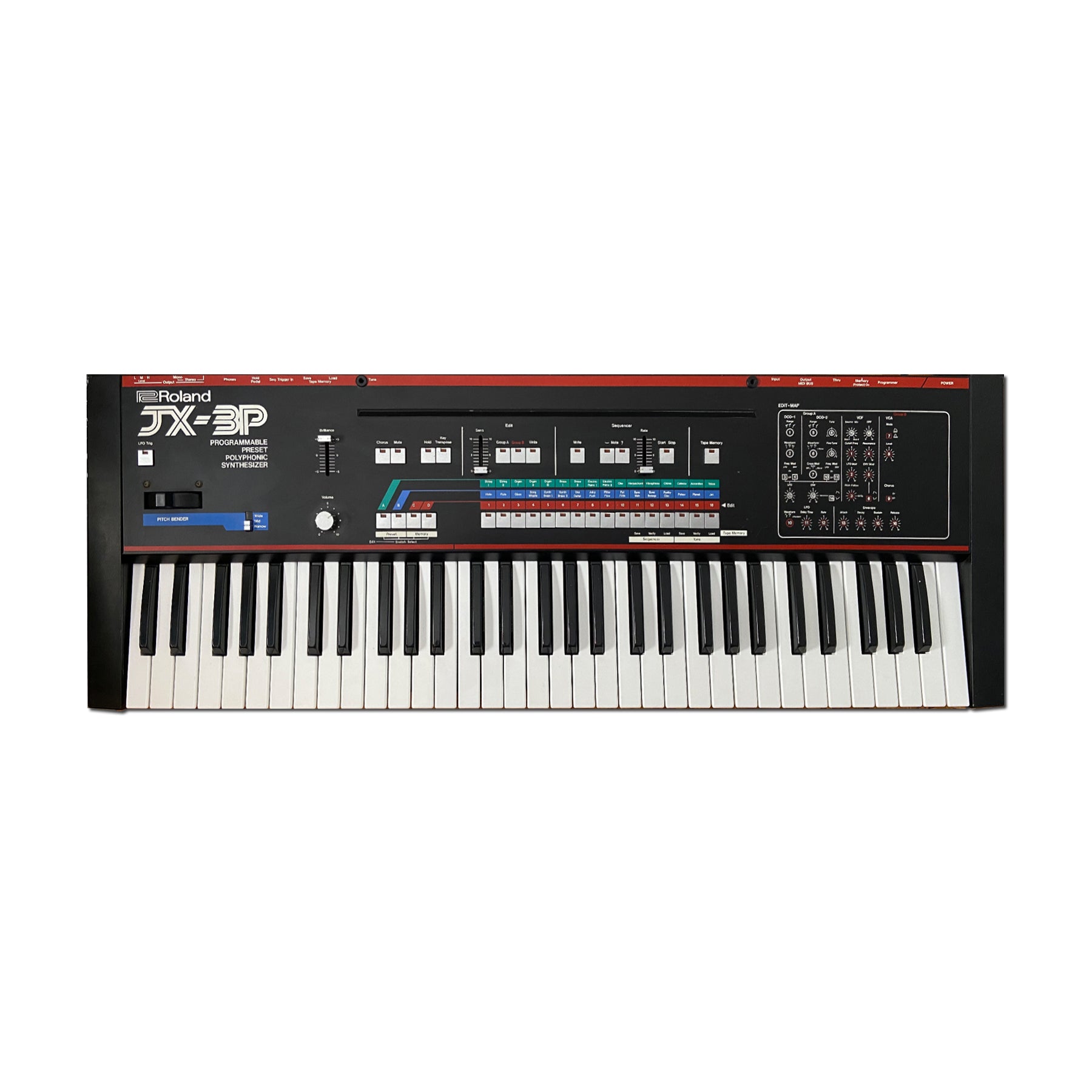 Top view of a Roland JX-3P programmable polyphonic synthesizer keyboard with various controls and buttons.
