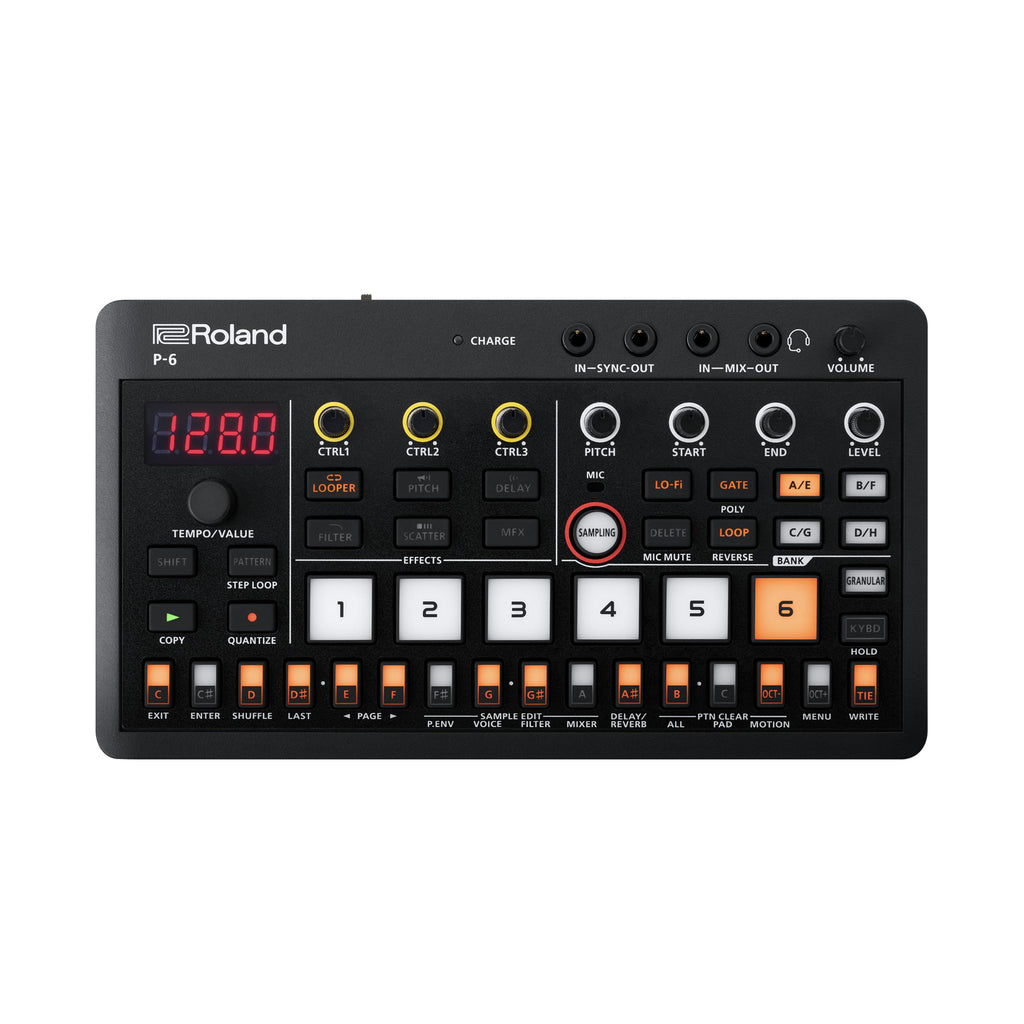 Black Roland P-6 music device with various buttons, knobs, white pads, and connectors on a white background.