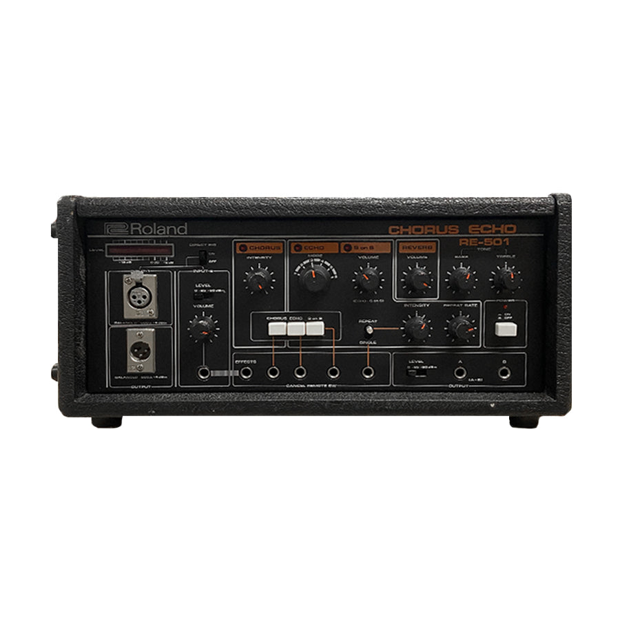Black Roland RE-501 Chorus Echo audio effects unit with multiple knobs, switches, and input/output connectors.