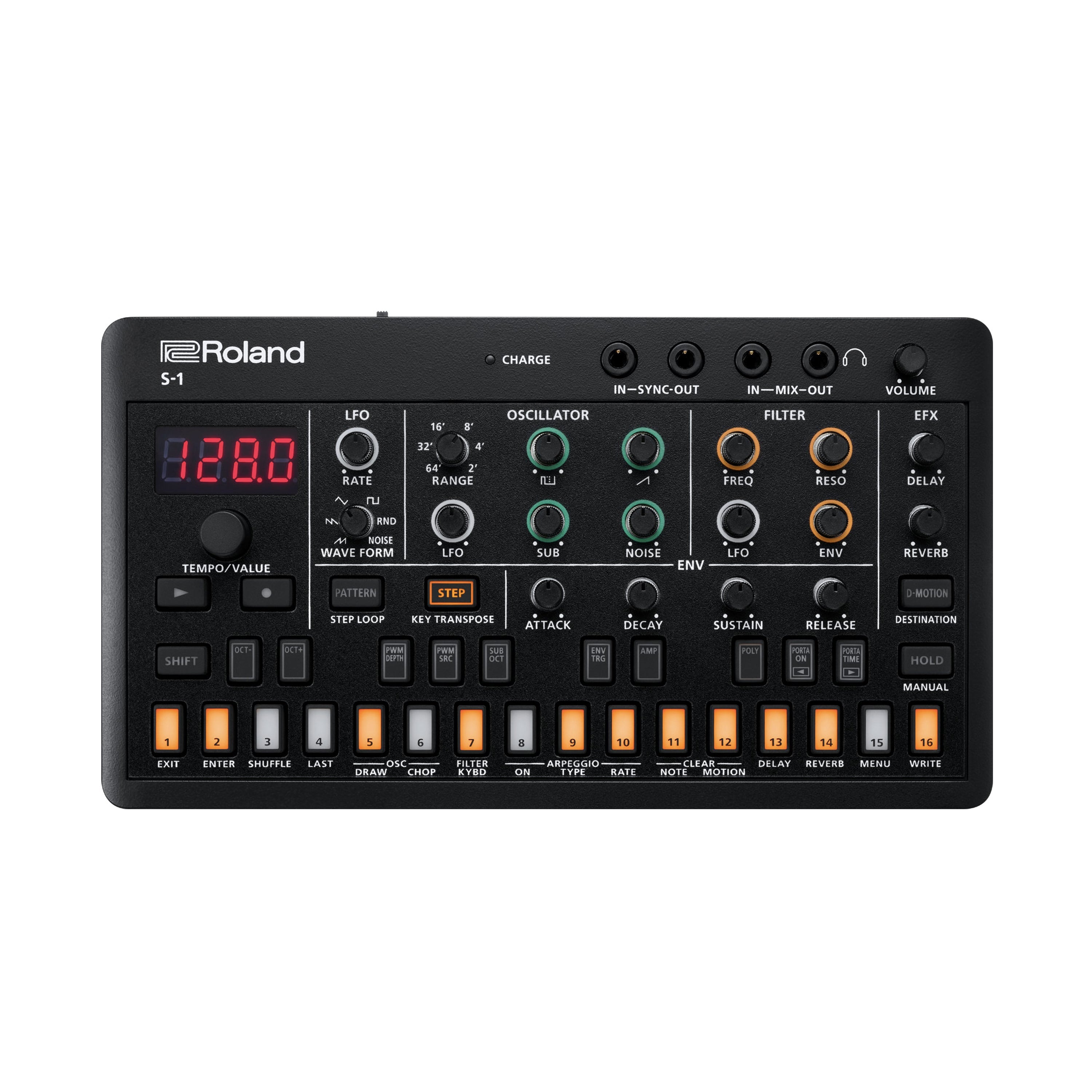 Top view of a Roland S-1 synthesizer with multiple knobs, buttons, a digital display, and audio input/output jacks.