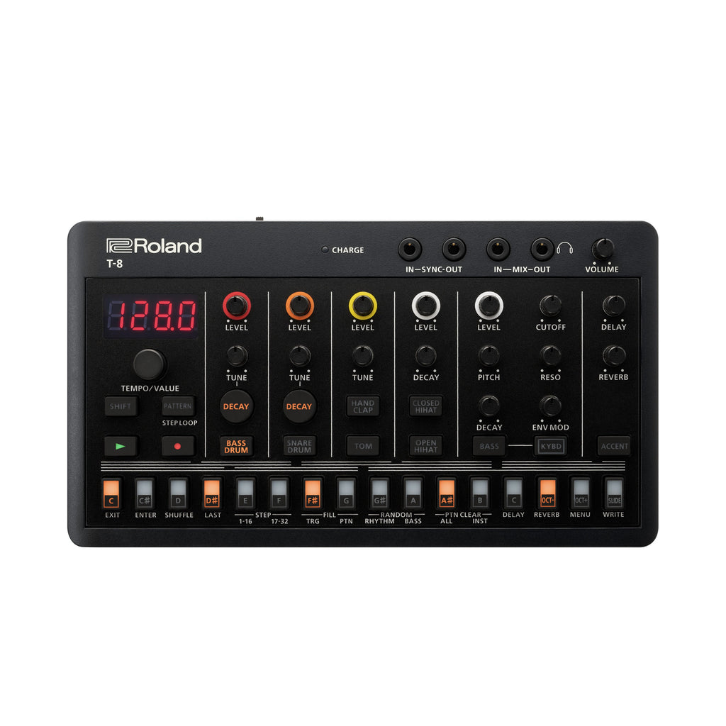 Front view of black Roland T-8 music device with knobs, buttons, connectors, and a digital display showing 128.0.