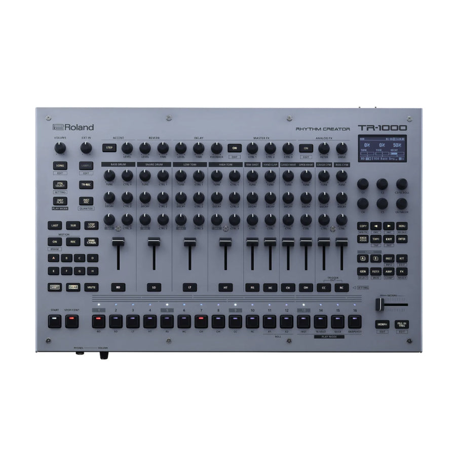 Top view of a Roland TR-1000 drum machine with knobs, sliders, buttons, and a display screen.