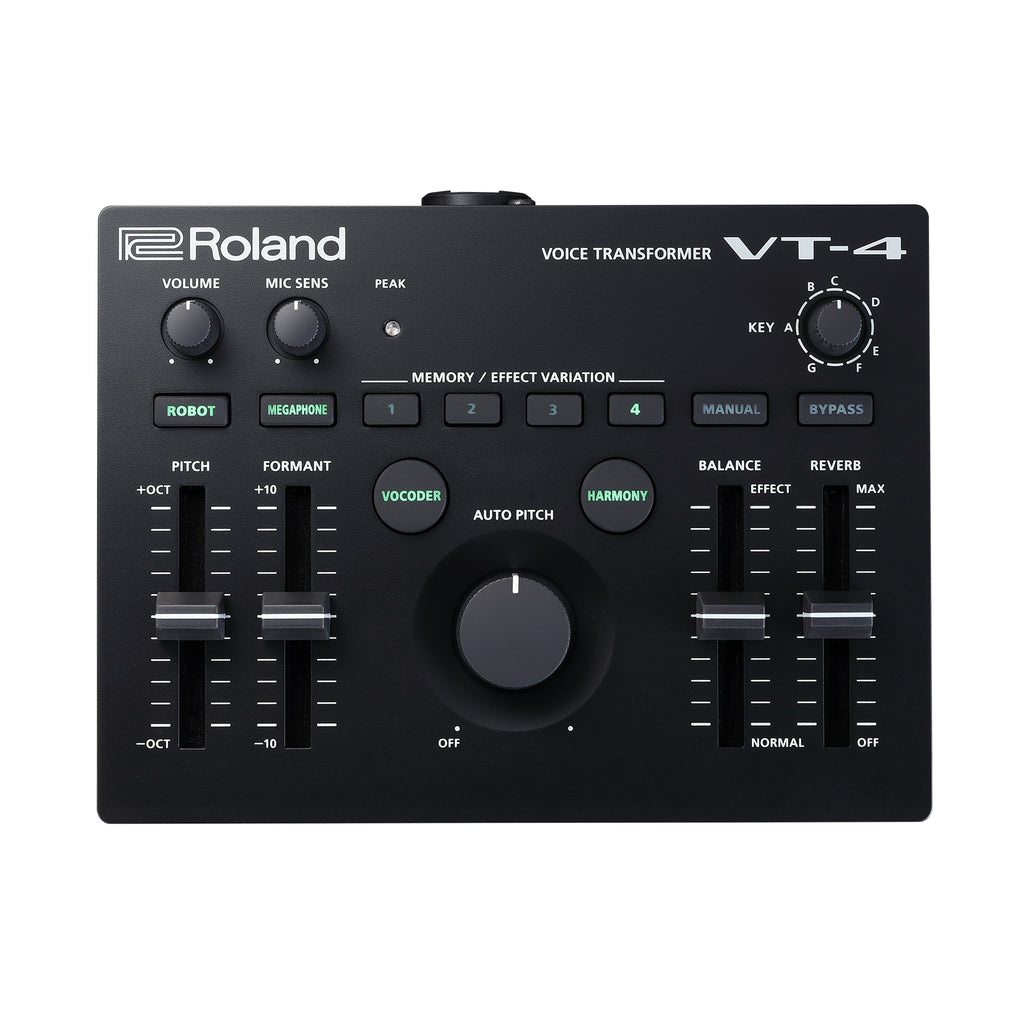 Black Roland VT-4 voice transformer device with knobs, sliders, buttons, and a rotary dial shown from above.