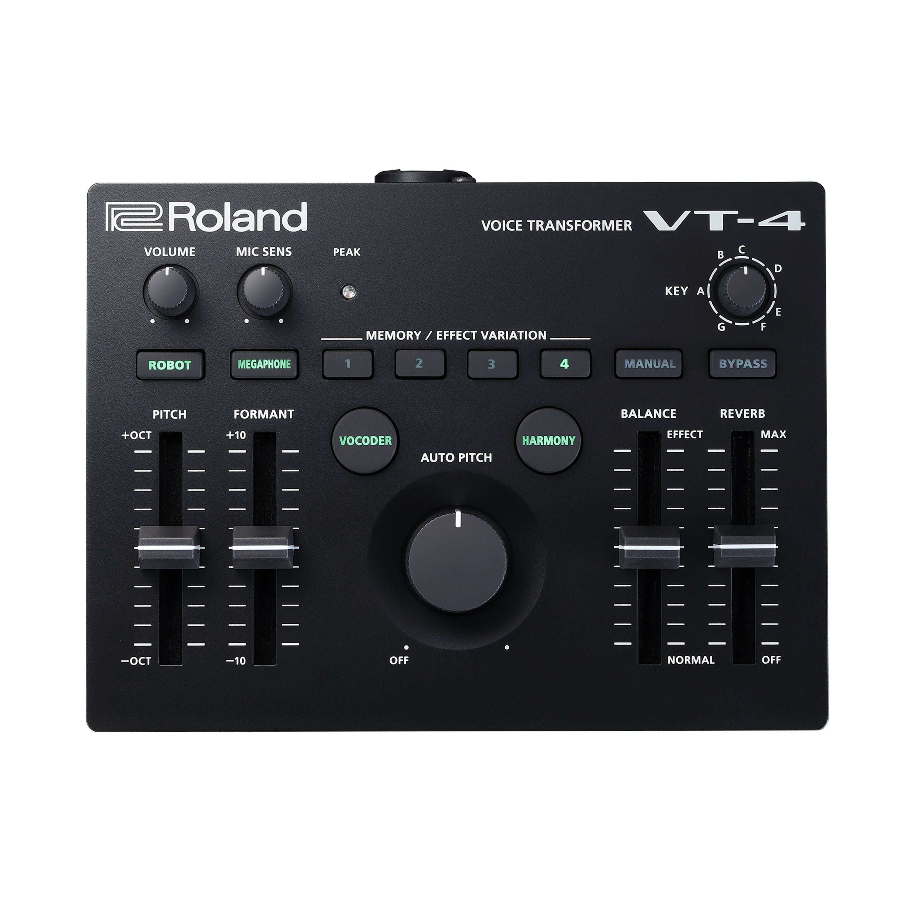 Black Roland VT-4 voice transformer device with knobs, sliders, buttons, and a rotary dial shown from above.