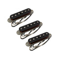 Three black single-coil guitar pickups with attached black and white wires on a white background.