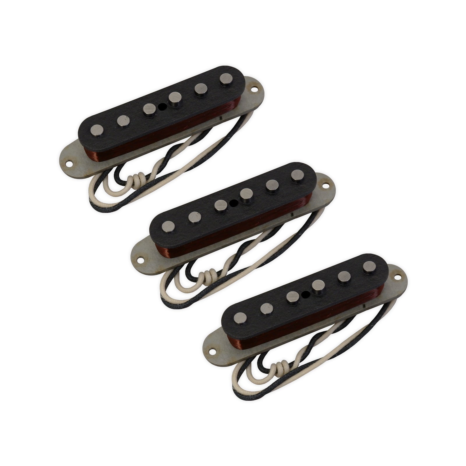 Three black single-coil guitar pickups with attached black and white wires on a white background.