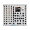Front view of silver multi-timbral phase modulation sampler module with numerous jacks, knobs, buttons, and a color display screen.