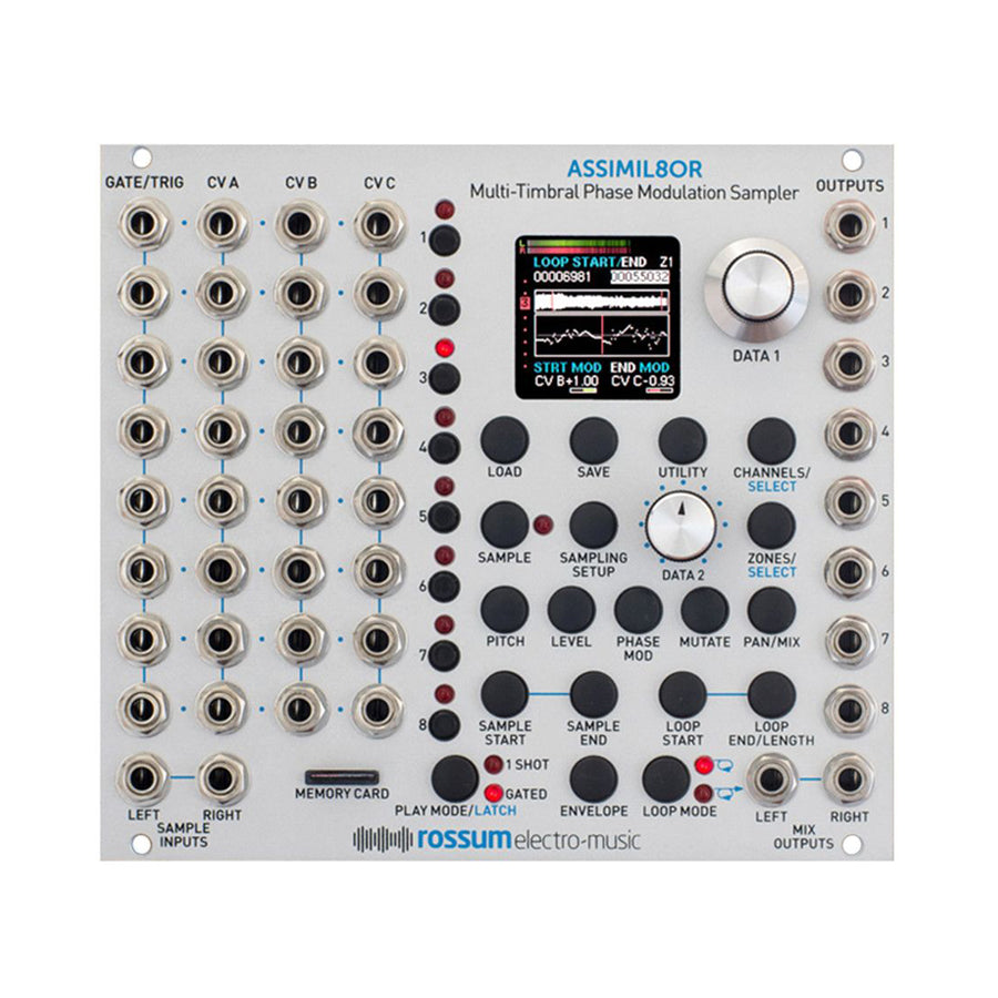 Front view of silver multi-timbral phase modulation sampler module with numerous jacks, knobs, buttons, and a color display screen.