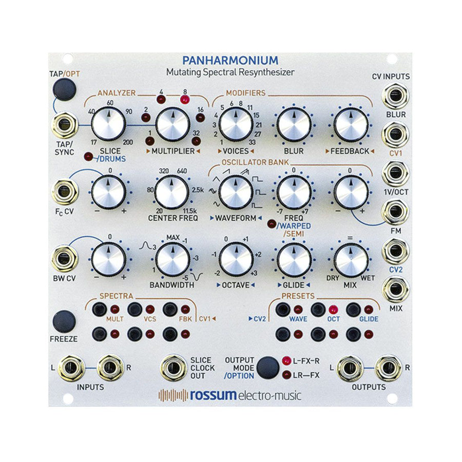 Front panel of the Rossum Panharmonium eurorack module with knobs, buttons, and patch input/output jacks.