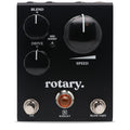 Black modulation pedal with three knobs, a switch, two footswitches, and an orange indicator light.