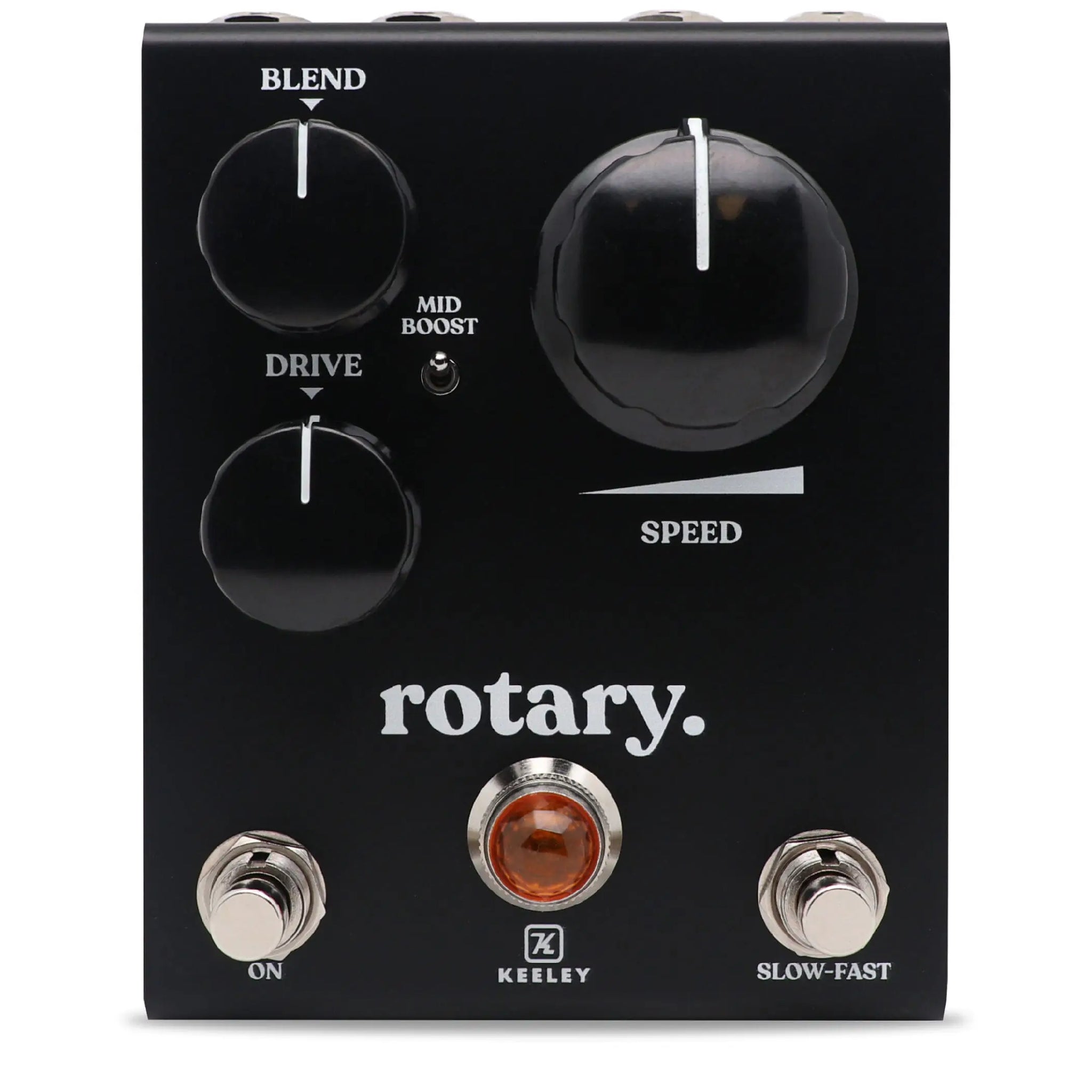 Black modulation pedal with three knobs, a switch, two footswitches, and an orange indicator light.