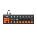 Black rectangular control device with eight rotary knobs and multiple orange buttons labeled with various functions including MIDI, PLUGIN, MIX, and SYSTEM.