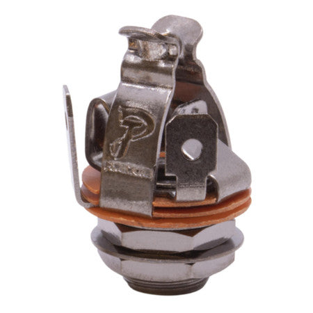 Close-up photo of a metallic 1/4 inch mono jack socket with an orange insulating washer.