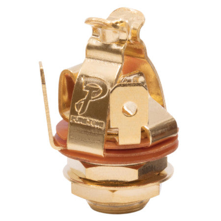 Gold colored 1/4 inch mono jack socket with orange washer and PURE TONE logo on metal part.