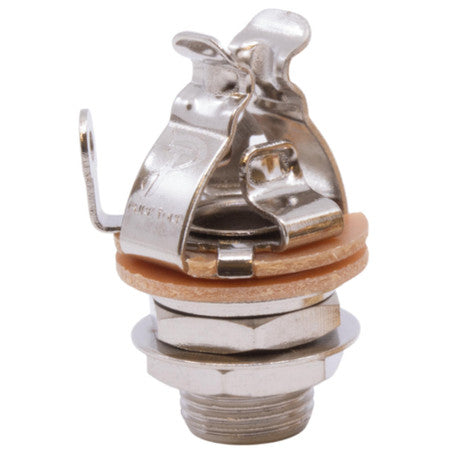 Nickel finished 1/4 inch mono jack socket with mounting hardware and fiber washer.