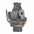 Close-up of a metal 1/4 inch stereo jack socket with mounting nut and solder lugs.