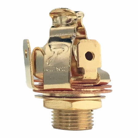 Close-up of a gold-colored metal 1/4 inch stereo jack socket with mounting hardware.
