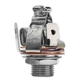 Metal 1/4 inch stereo jack socket with mounting nut and solder terminals.