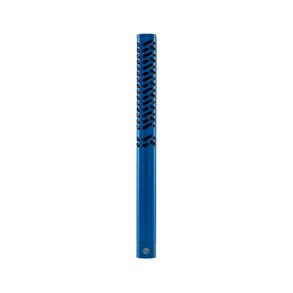 Blue cylindrical microphone with patterned grille on upper portion and small logo at base against white background.