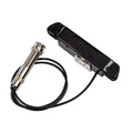 Black rectangular guitar soundhole pickup with attached cable and silver 1/4 inch jack plug.