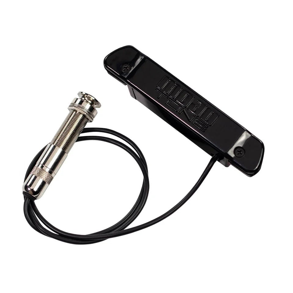 Black rectangular guitar pickup with embossed MOJOTONE logo and attached 1/4 inch metal mono jack cable.