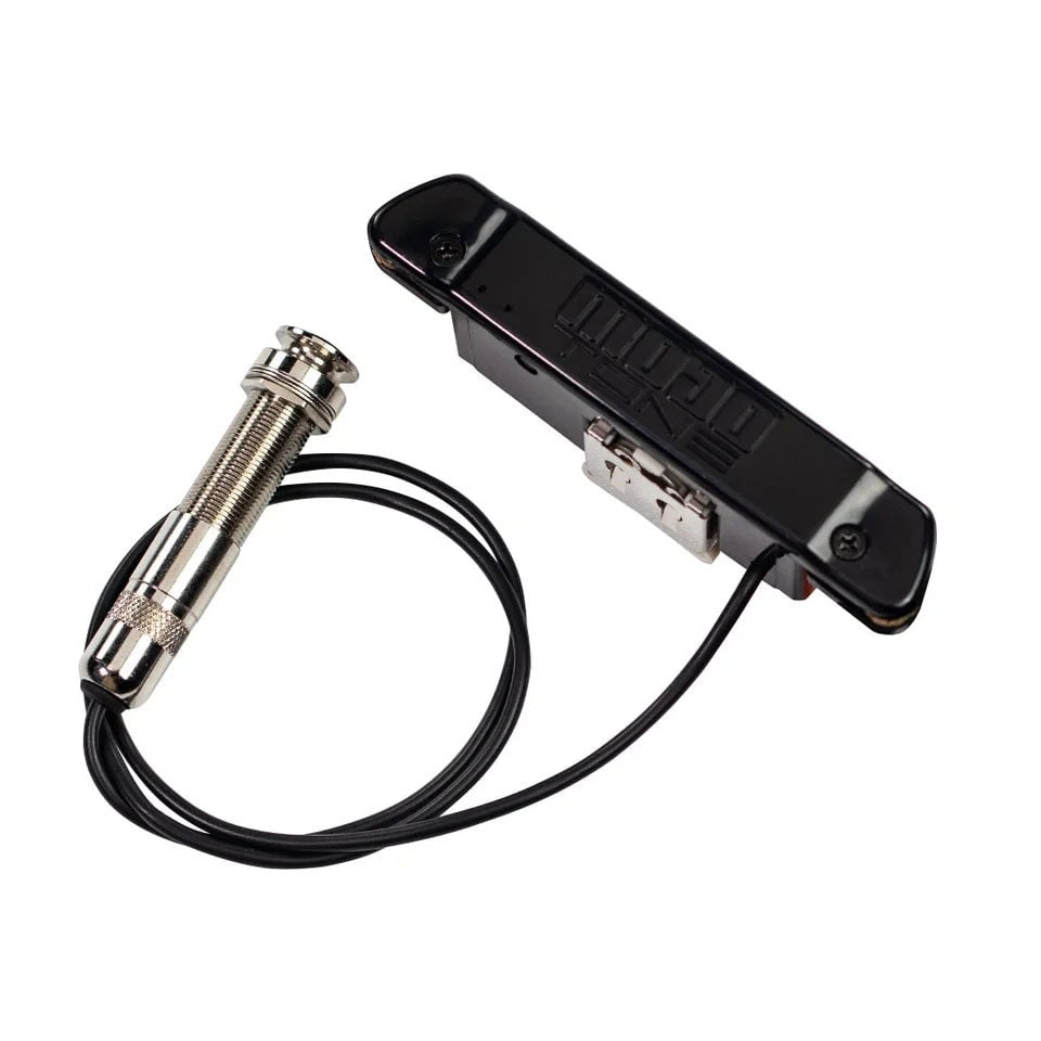 Black rectangular pickup with black cable and a metal 1/4 inch audio output jack attached.