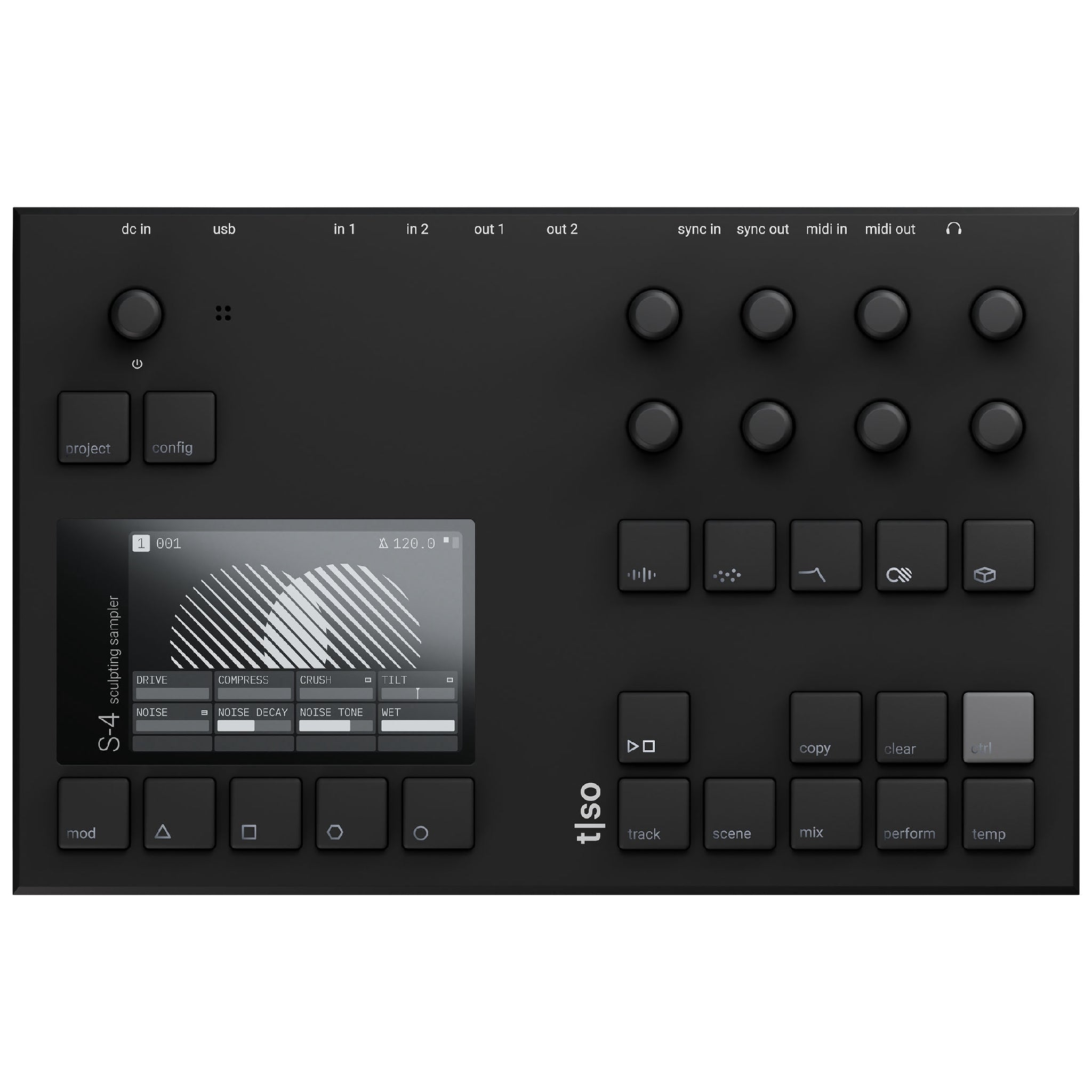 Black audio sampler with screen, multiple knobs, buttons, and various input/output connectors on top side.