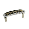 Chrome metal guitar bridge with six adjustable saddles and two mounting posts.