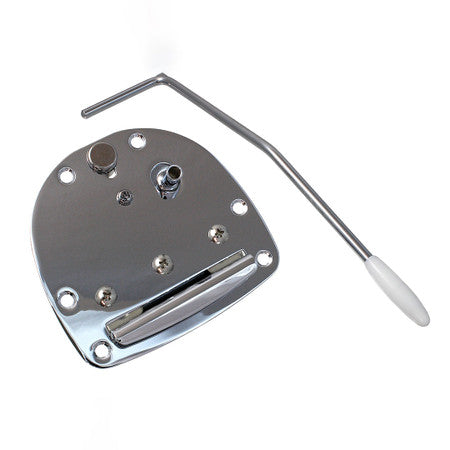 Chrome metal tremolo tailpiece plate with attached screws and a separate chrome tremolo arm with a white tip.