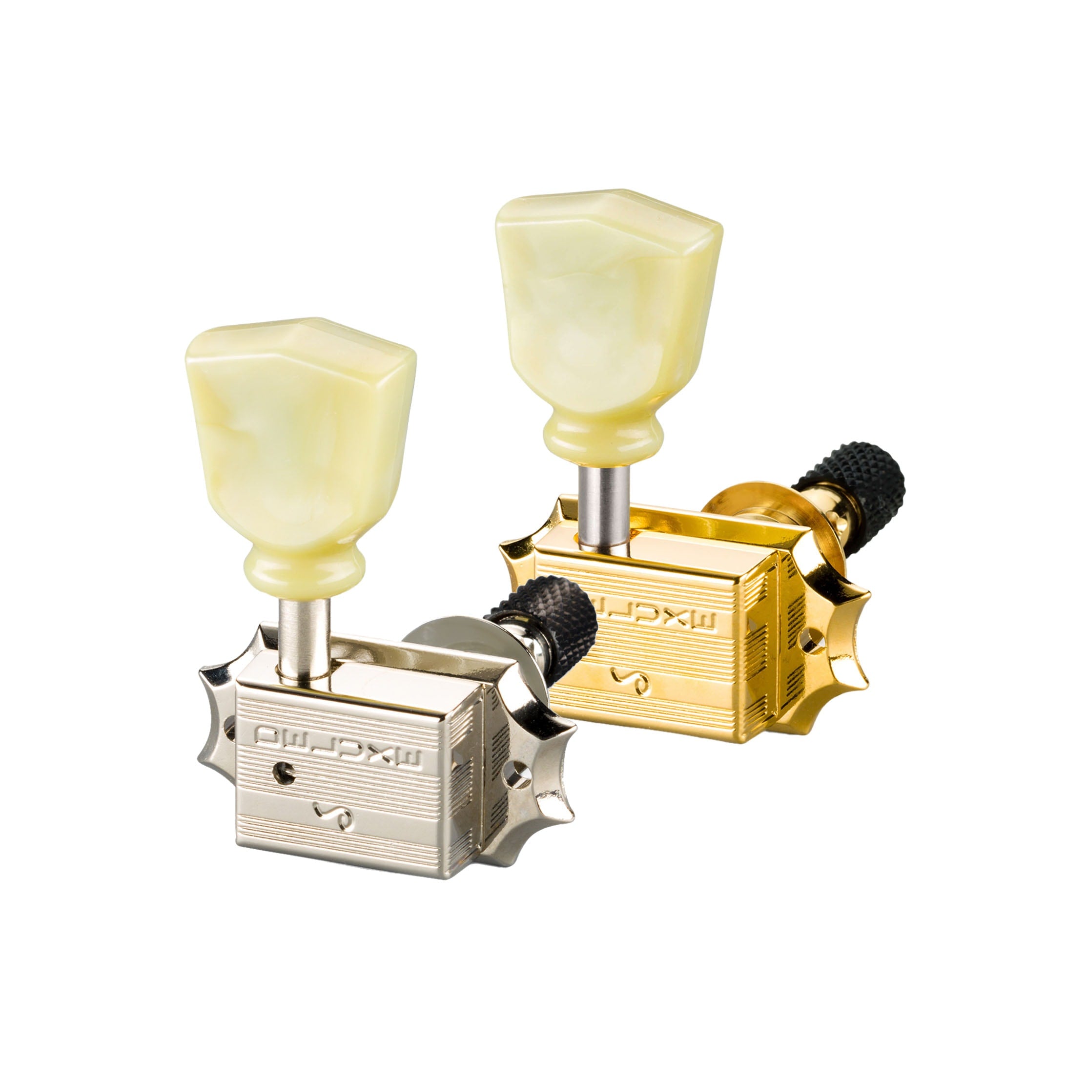 Two metal guitar tuning machine heads with cream-colored knobs, one gold and one silver, shown on white background.