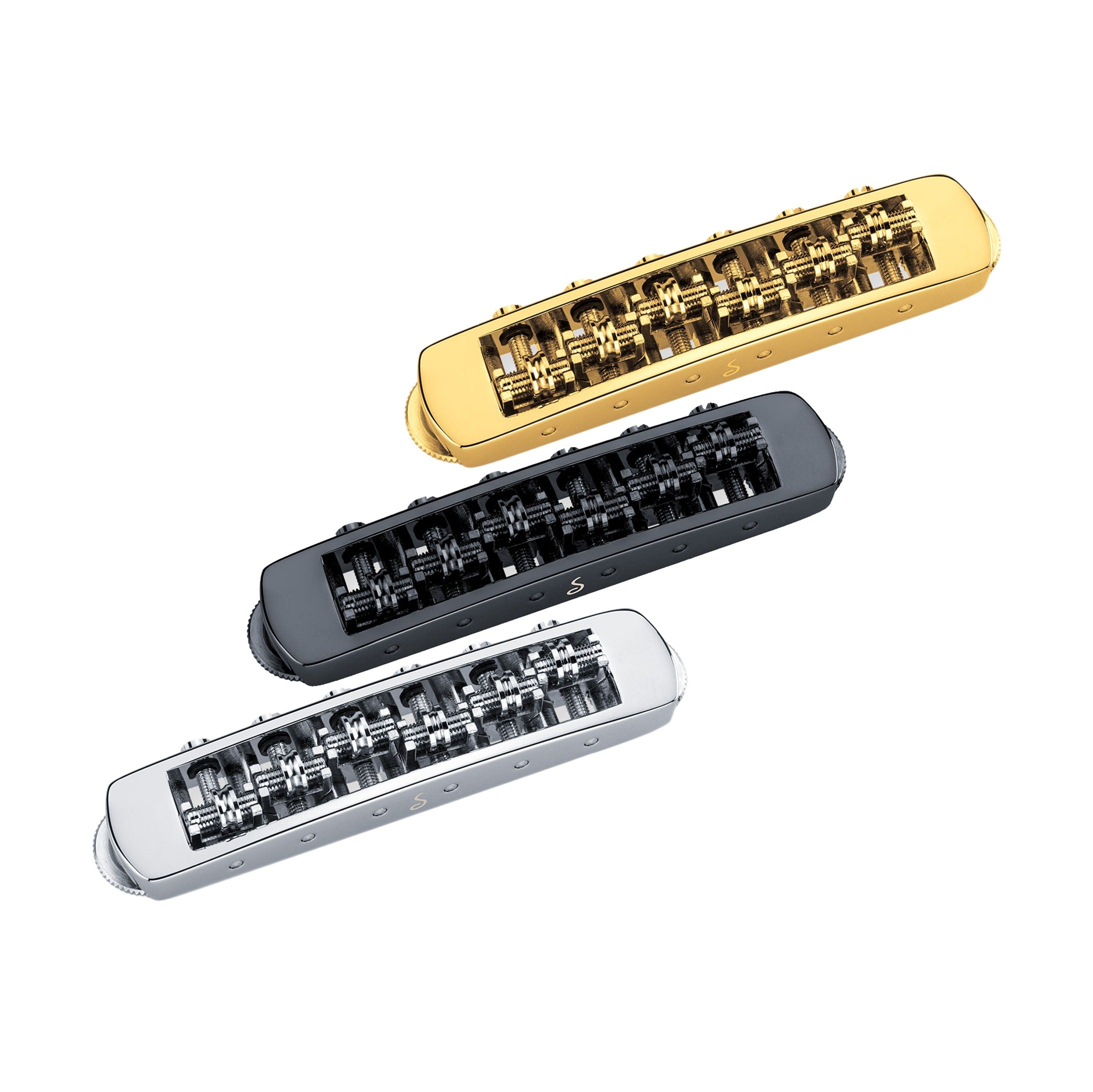 Three metal guitar bridges in gold, black, and silver finishes displayed on a white background.