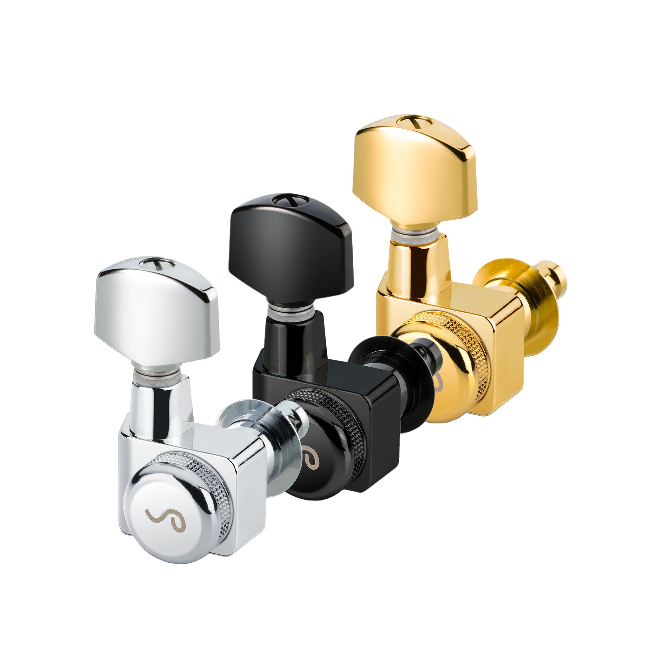 Three individual locking machine head tuners in silver, black, and gold finishes shown isolated on white background.