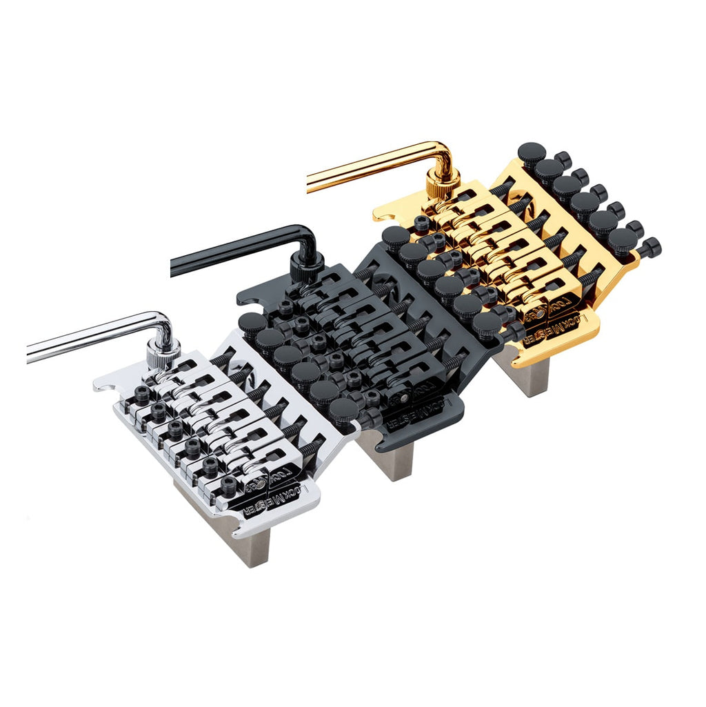 Three metal tremolo bridge units with whammy bars in silver, black, and gold finish shown side by side.