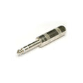 Metallic 1/4 inch stereo straight audio plug with knurled grip surface.