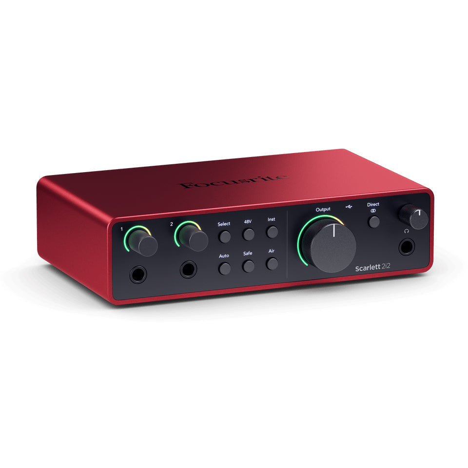 Red and black Focusrite Scarlett 2i2 audio interface with knobs, buttons, and input/output jacks on front panel.
