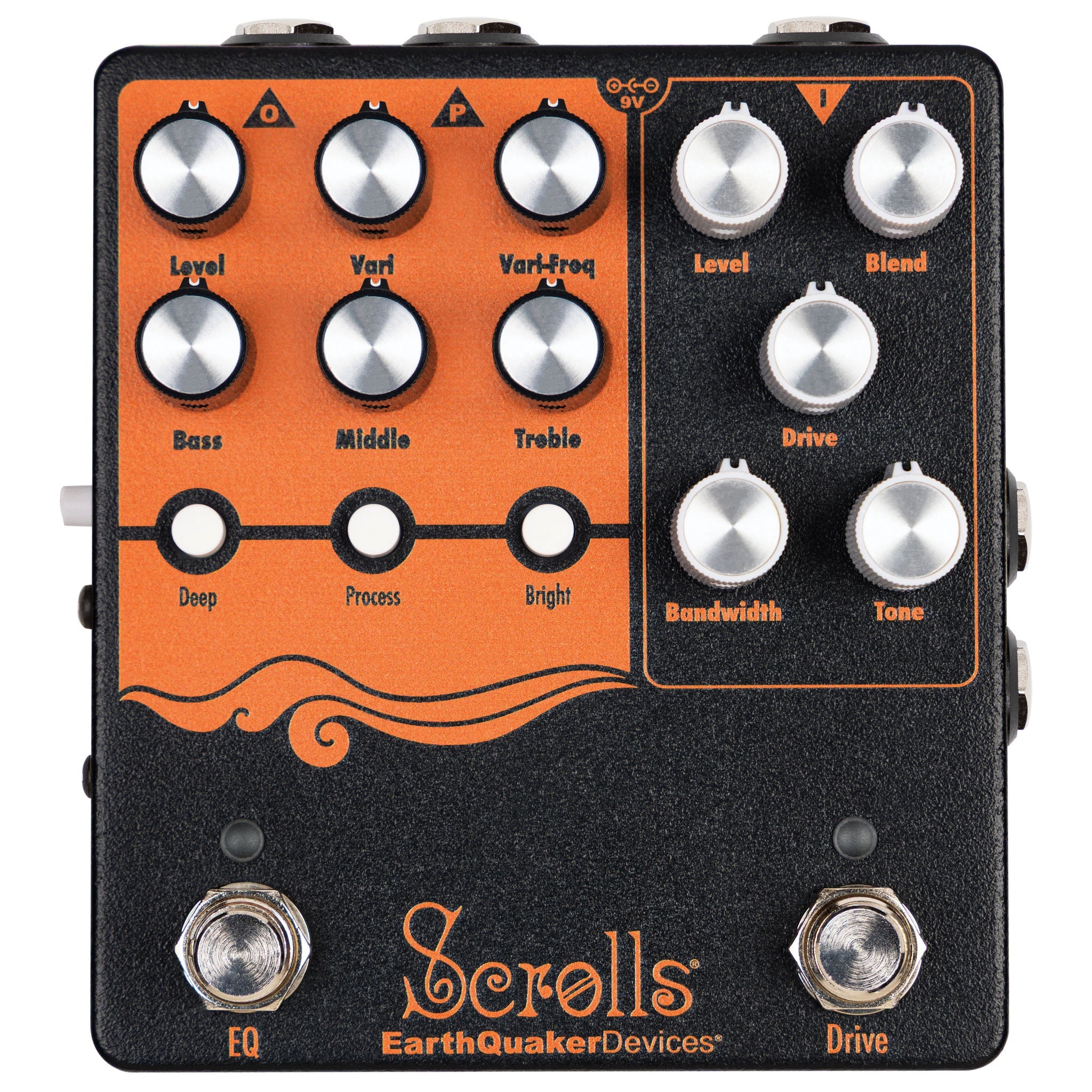 Square EarthQuaker pedal with black and orange surface showing multiple knobs and two footswitches.