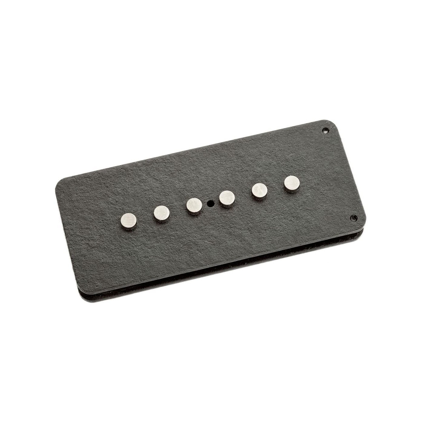 Black rectangular electric guitar pickup with six metal pole pieces and three mounting holes